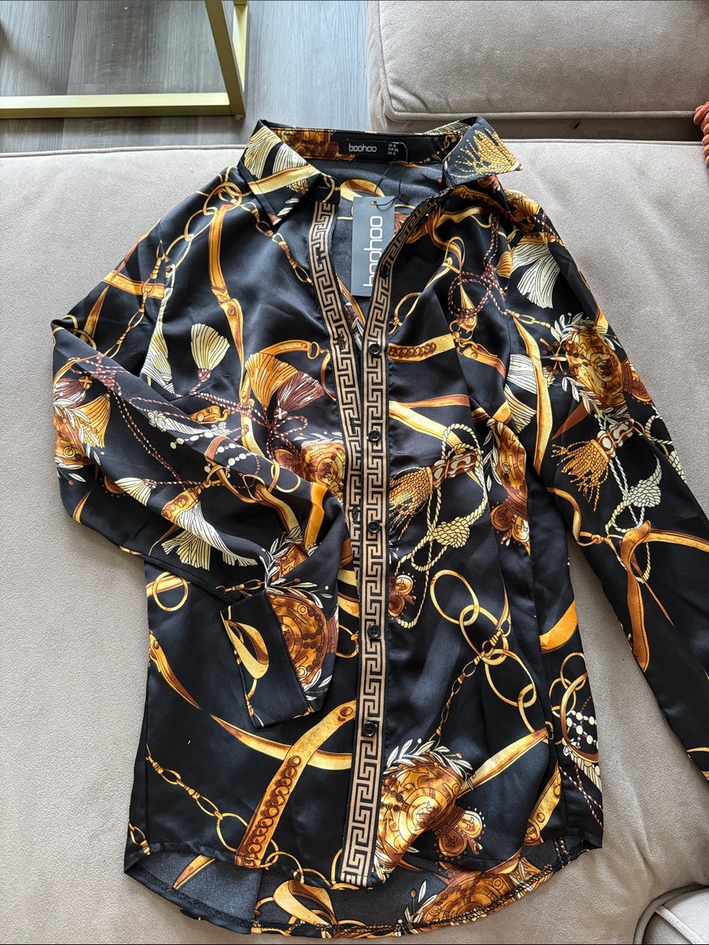Boohoo Black and Gold Chain-Print Satin Button Shirt